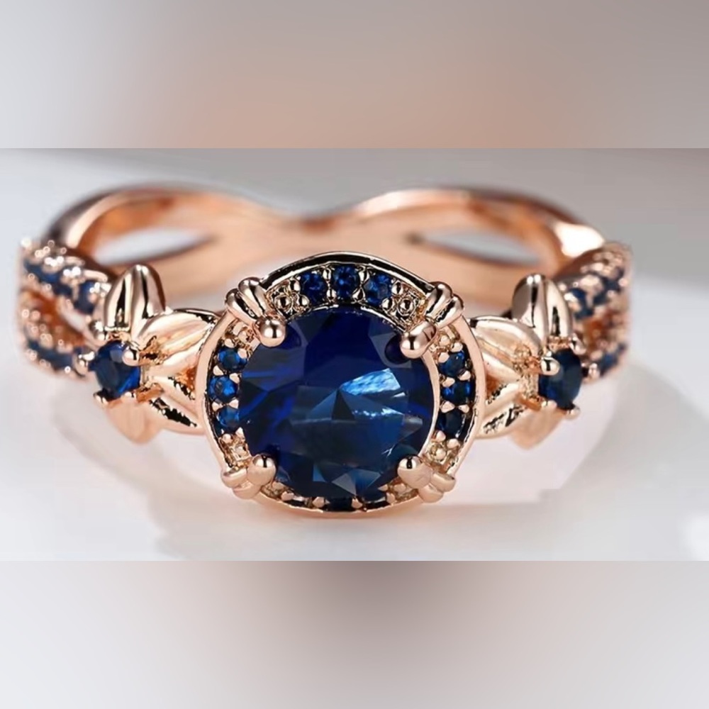 Retro September Birthstone Sapphire Blue Round Zircon Ring Size 8